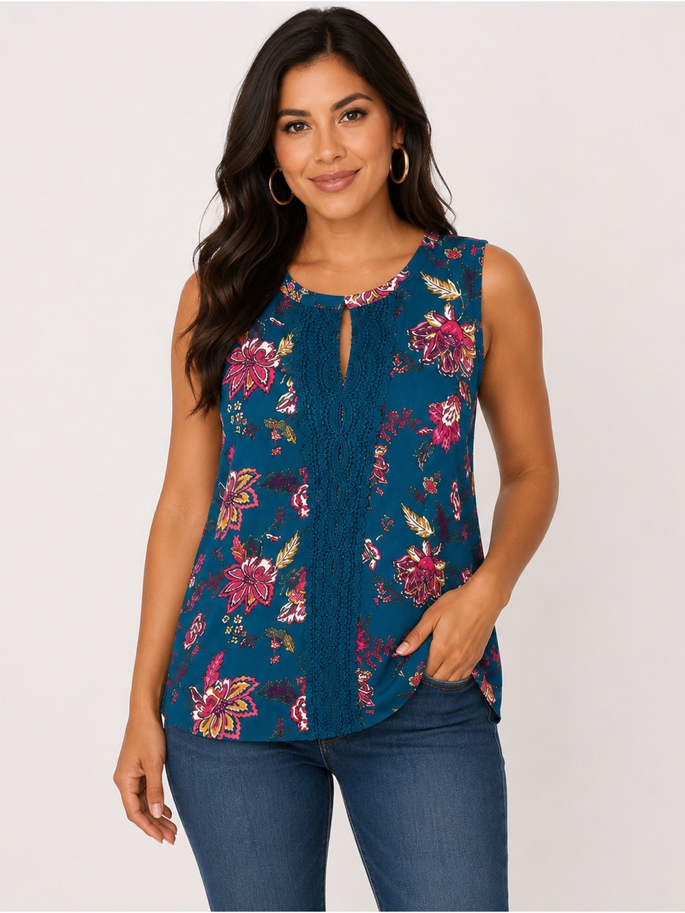 Daniel Rainn 2X Floral Sleeveless Crochet Trim Boho Blouse Top Blouse - Picture 2 of 15